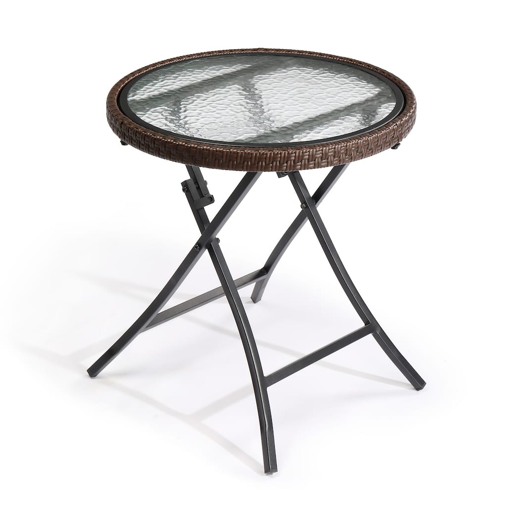 Outdoor Round Side Table with Tempered Glass Top, Foldable Metal Frame, Compact Patio, Balcony - 15.75" x 15.75" x 20.6"