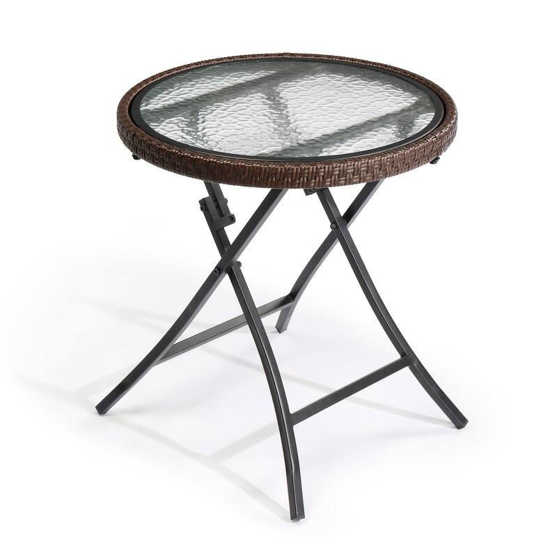 Outdoor Round Side Table with Tempered Glass Top, Foldable Metal Frame, Compact Patio, Balcony - 15.75" x 15.75" x 20.6" - Brown