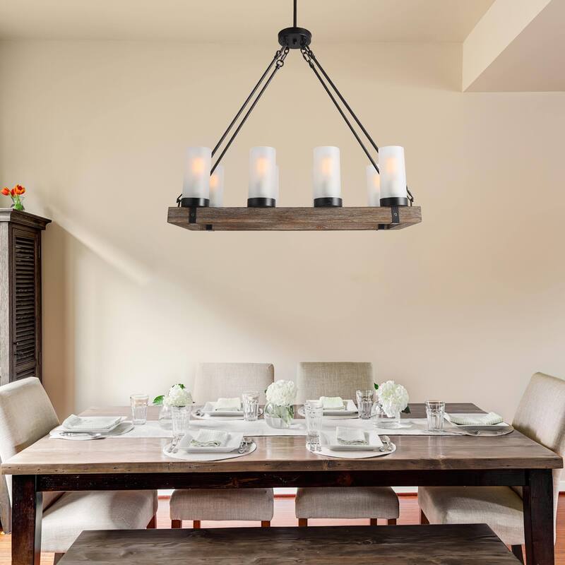 Farmhouse 8-Light Wood Chandelier Frosted Glass Kitchen Island Lights - 30"L x 12"W x 27.5"H