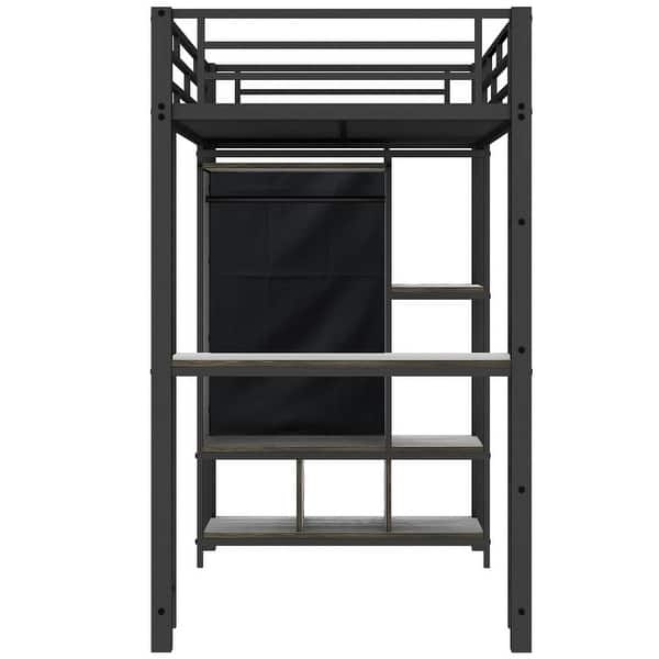 slide 2 of 28, Metal Loft Bed with Full-length Guardrails, Built-in Wardrobe, Desk and Storage Shelves