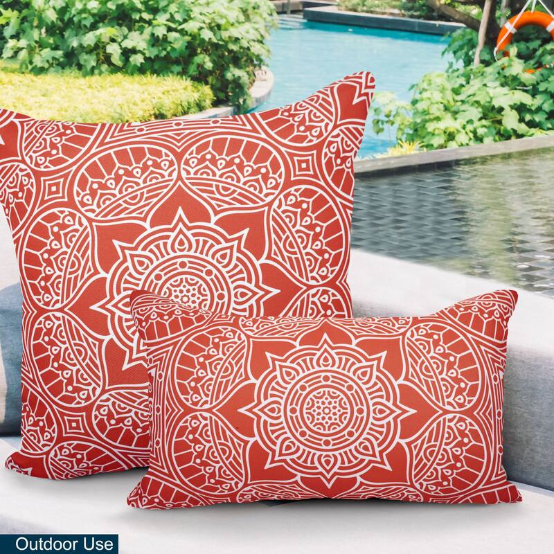 Decorative Indoor/Outdoor Weatherproof Lumbar Throw Pillows with Inserts (Set of 2) -12x20 - 18x18 Inches - Rust