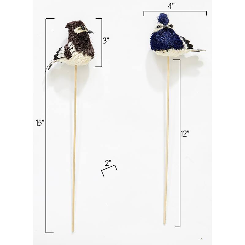 3" Sisal Natural Look Bird on a 12" Wood Pick, Set of 6 - 15