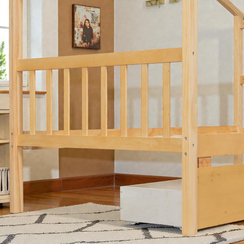 Twin/Full Size Wooden House Bed with Roof and 2 Drawers, Kids Platform Bed with Storage, Solid Pine Frame