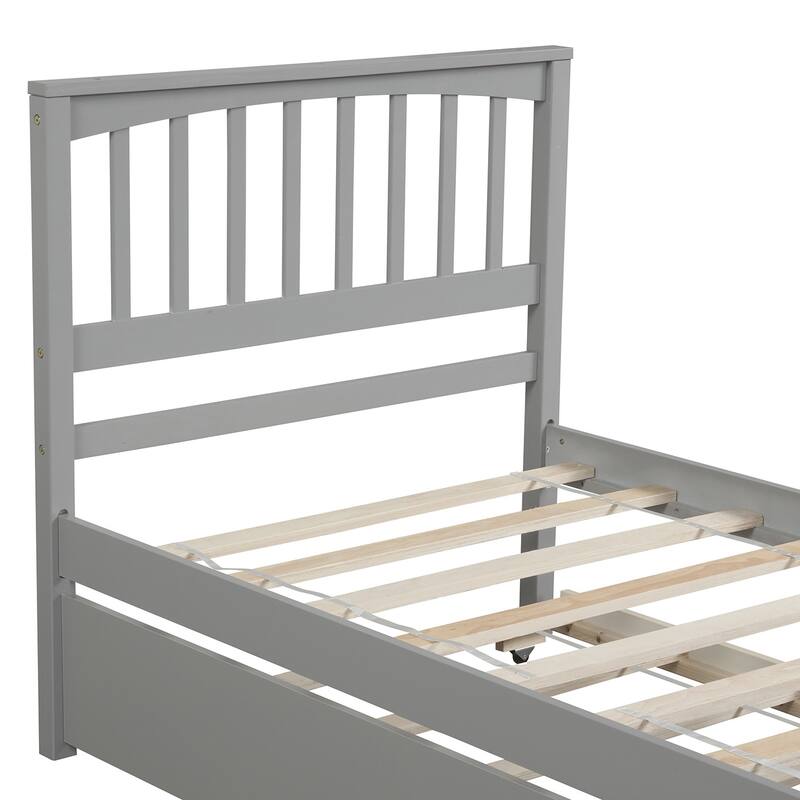 Gray Twin Size Platform Bed with Trundle, Solid Pine Wood Frame