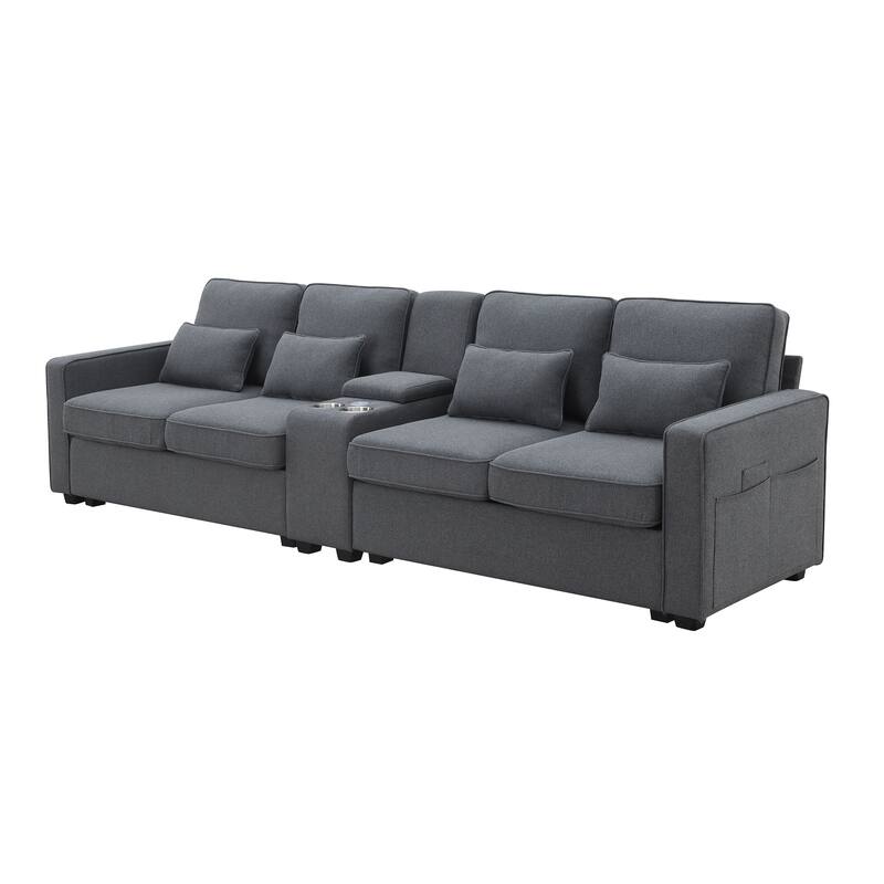 Multifunctional Sofa with 2 Cupholders and Console, 114.2" Linen Fabric Sofa with 4 Pillows and 2 USB Ports for Livingroom
