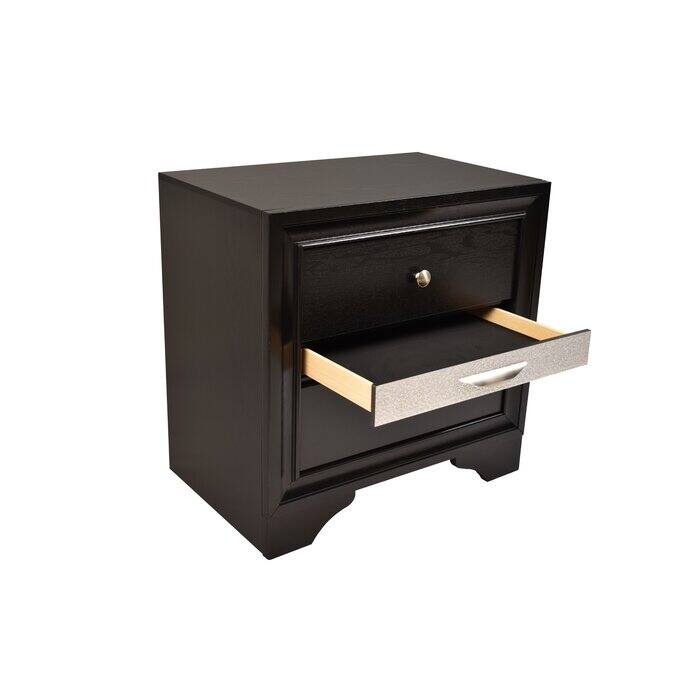 Traditional Black Wood Nightstand with Two Drawers, Acacia Wood, Dovetail Joints
