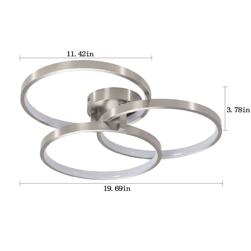 20" Modern LED Ceiling Light Fixture - Circular 3-Ring Design, Dimmable, Contemporary Brushed Nickel Finish for Living Room