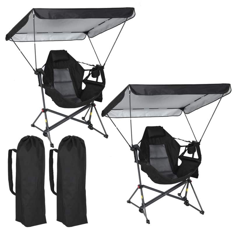 Portable Hammock Camping Chair with Adjustable Canopy, Swing Seat, Cup Holder & Folding Rocking Design - Black 2-Pack