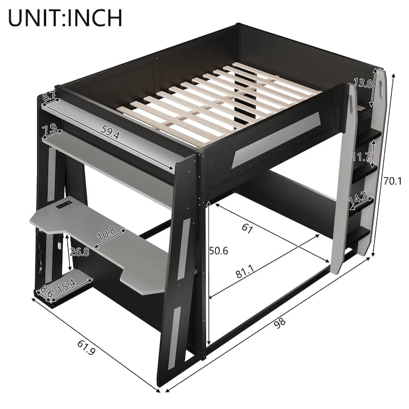 GDFStudio - GameCore Modern Wooden Queen Gaming Bunk Bed with Desk, USB and LED Lighting