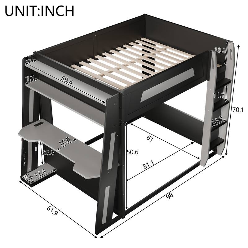 Gaming Bunk Bed with Computer Desk, Storage Shelves, USB Port and LED Strip Lighting, Esports Design, Wooden Gaming Bed