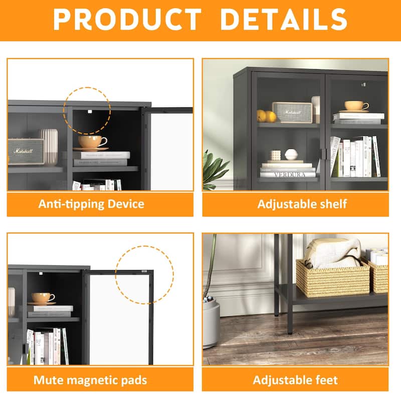 Metal Storage Cabinet: Glass Doors, 2 Adjustable Shelves - Tall Modern Bookcase for Home Office, Living Room, Pantry