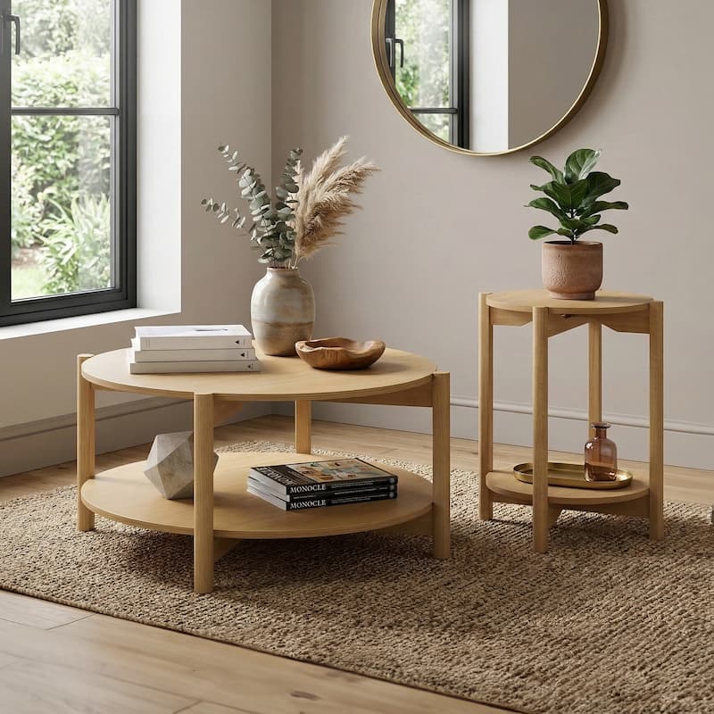 Furniture of America Rovion 2-Piece Round Wood Coffee Table Set with Open Bottom Shelf - Natural