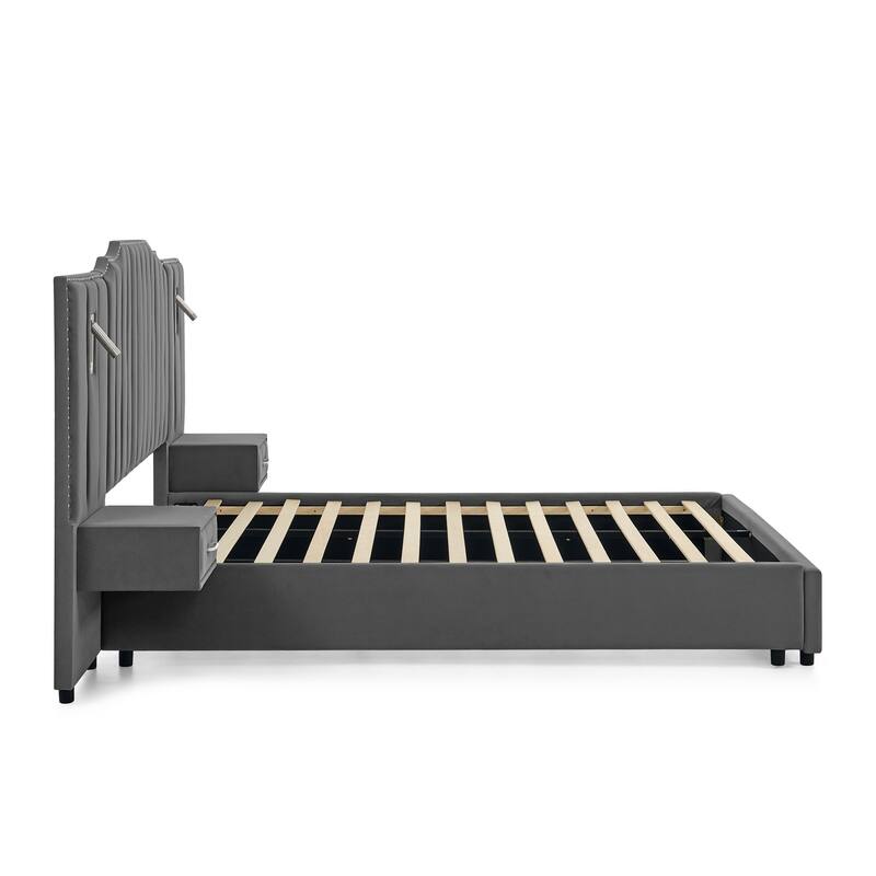King/Queen Velvet Bed Frame with Vertical Stitch Headboard & Side Table