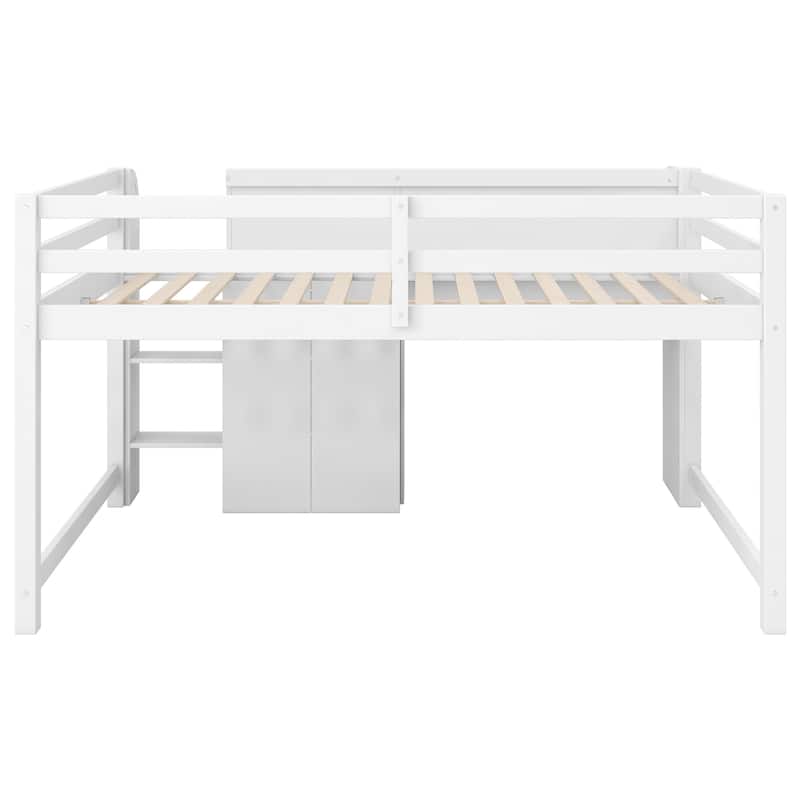 Full Size Low Loft Bed with Built-in Desk,Storage Cabinets and Open Bookcase,Whiteboard for Graffiti