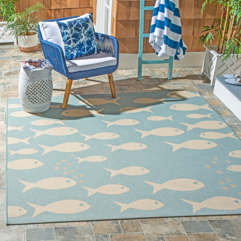 SAFAVIEH Courtyard Illa Indoor/ Outdoor Waterproof Patio Backyard Rug - 6'7" x 6'7" Square - Aqua/Beige