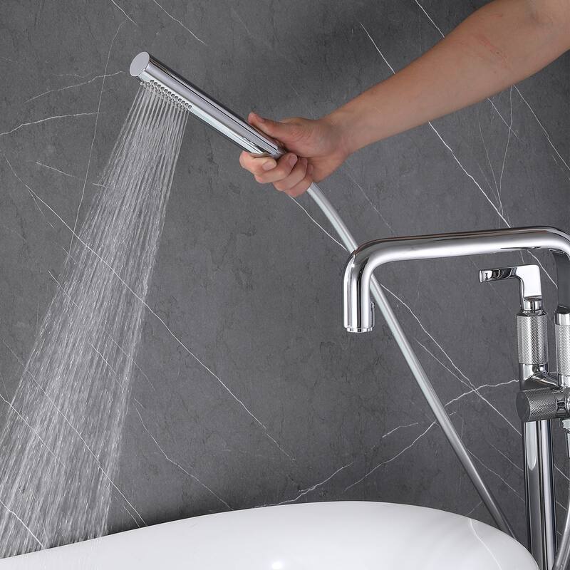33" H Solid Brass Floor Mounted Freestanding Tub Faucet with Hand Shower and Diverter