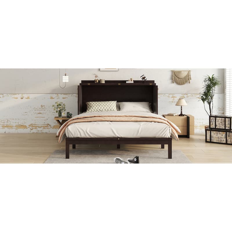 Roomfitters Queen Murphy Bed Cabinet, Pine Wood Fold-Down Bed with Power Station and Rattan Accent Panel