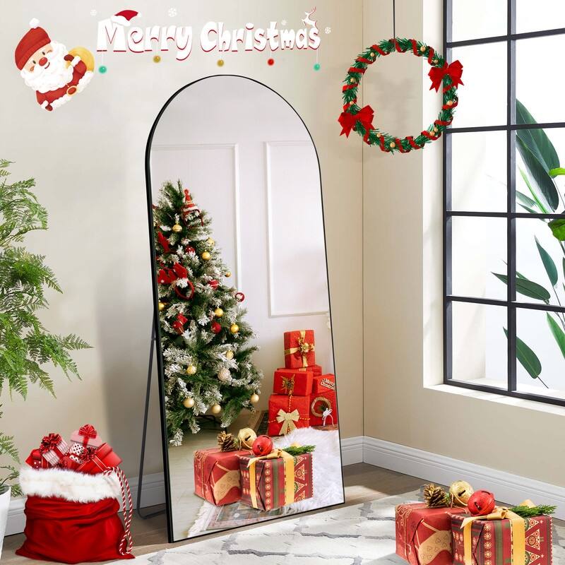 Glam Wood Frame Arched Standing Fulllength Floor Mirror Wall Mount