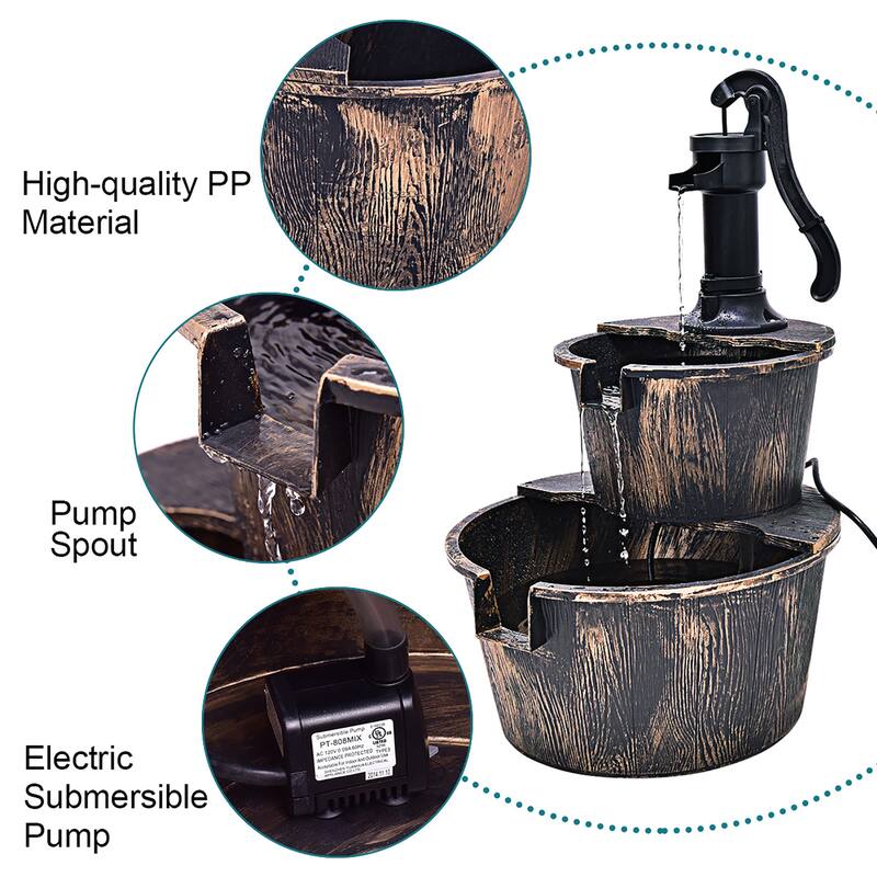 2 Tier Patio Barrel Waterfall Fountain Water Fountain Barrel with Pump