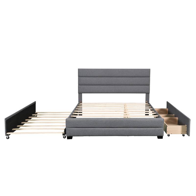 Upholstered Queen Size Platform Bed with 2 Storage Drawers and Twin Trundle Bed, Wood Queen Bed Frame with Linen Fabric