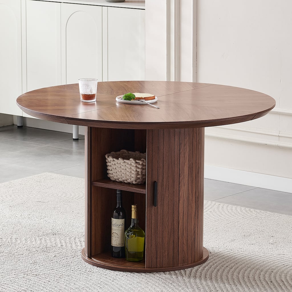 Round Dining Table with Two Layers of Storage Shelves. Wood Tea Desk, Flexible-opening Storage Door, Large Storage Space