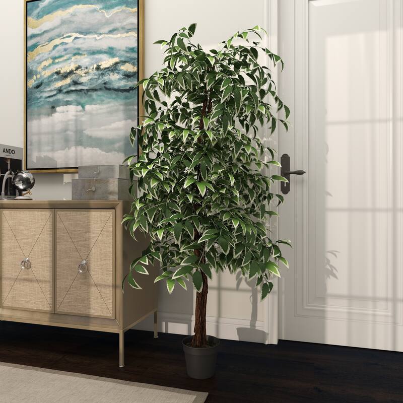 Green Faux Foliage Ficus Artificial Tree with Realistic Leaves and Black Plastic Pot