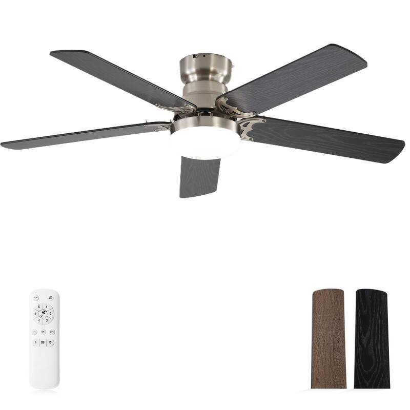 42-inch Flush Mount and Downrod Mount Ceiling Fan with Light and Remote, 5 Plywood Blades - 42 Inch diameter - Silver with Black/wood grain blades