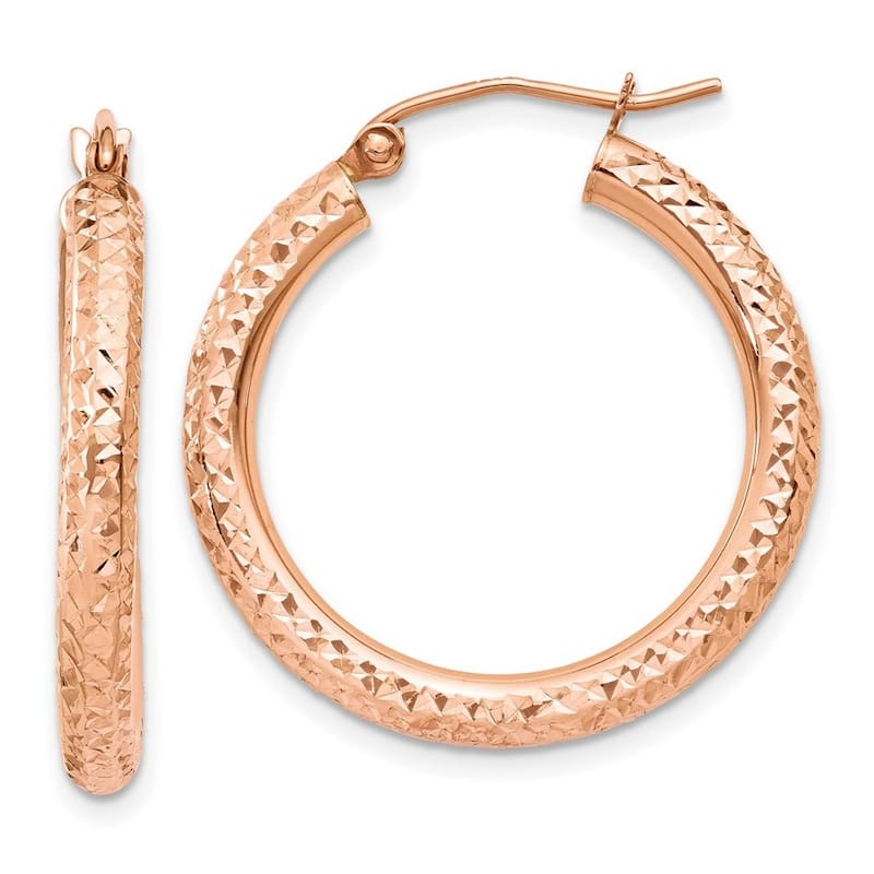 Curata 14k Rose Gold Diamond Cut 3mm Round Tube Hoop Earrings - 20mm or 25mm