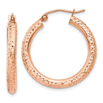 Curata 14k Rose Gold Diamond Cut 3mm Round Tube Hoop Earrings - 20mm or 25mm
