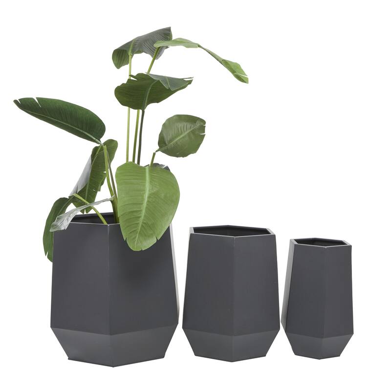 Metal Geometric Hexagon Indoor Outdoor Planter - Set of 3 White, Black, Gray - CosmoLiving by Cosmopolitan - Gray - 21", 16", 11"W