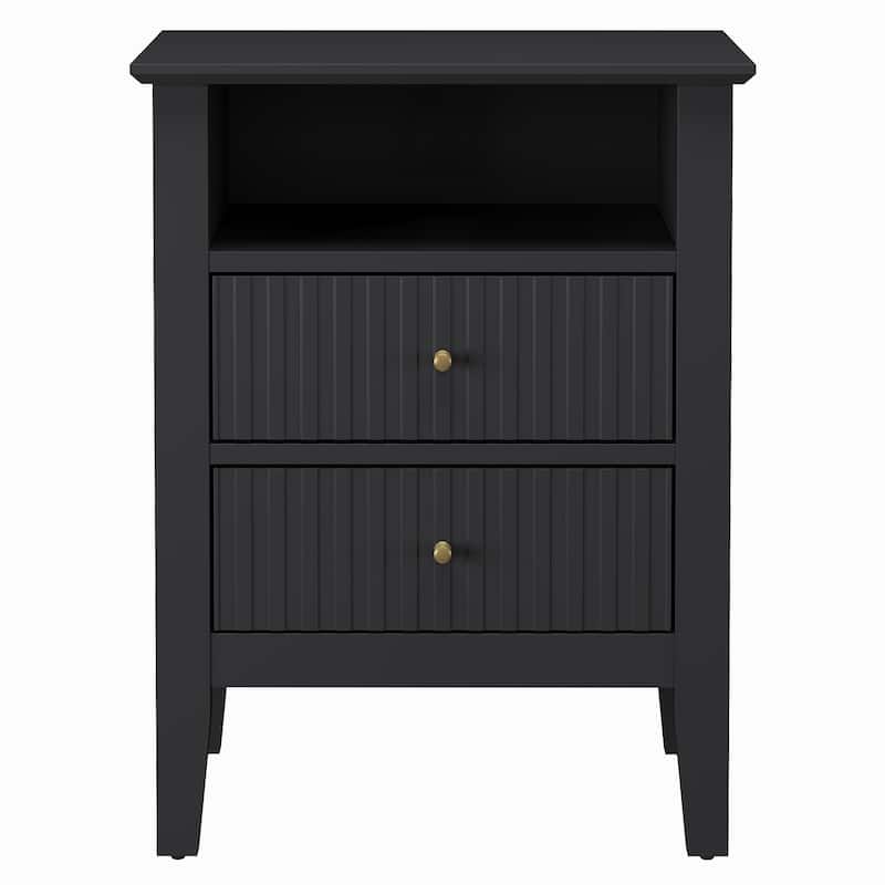 Fluted Nightstand with 2 Drawers and Storage Shelf, Ideal for Bedroom, Living Room, Black