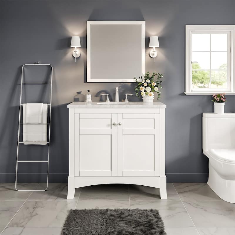 New York 36 in. White SS Bath Vanity with Carrara Marble Top & Undermount Sink