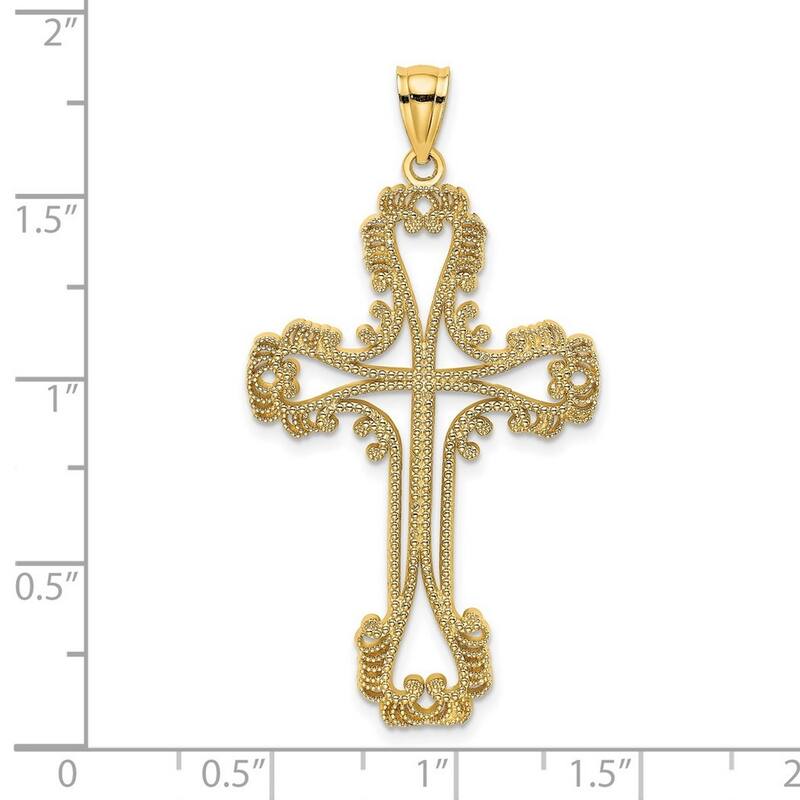 Curata 14k Yellow Gold Beaded Textured Large Cross Pendant Necklace 18mm x 38mm