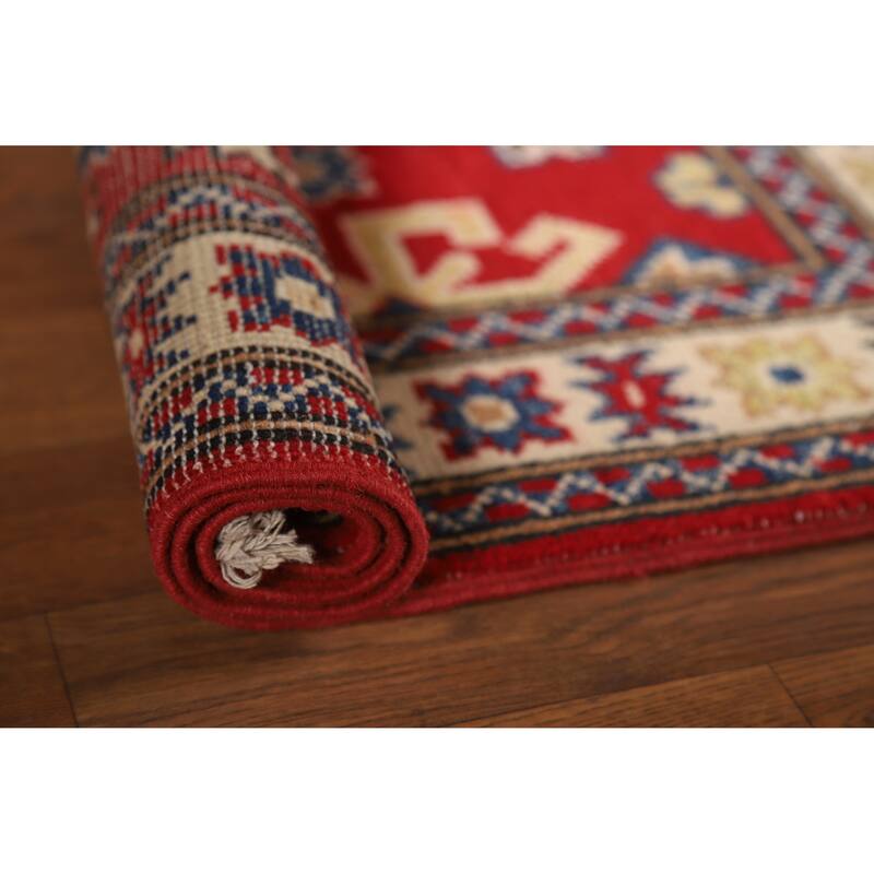 Geometric Kazak Rug Hand-Knotted Traditional Red Wool Carpet - 2'0"x 3'0" - 2'0"x 3'0" - Red