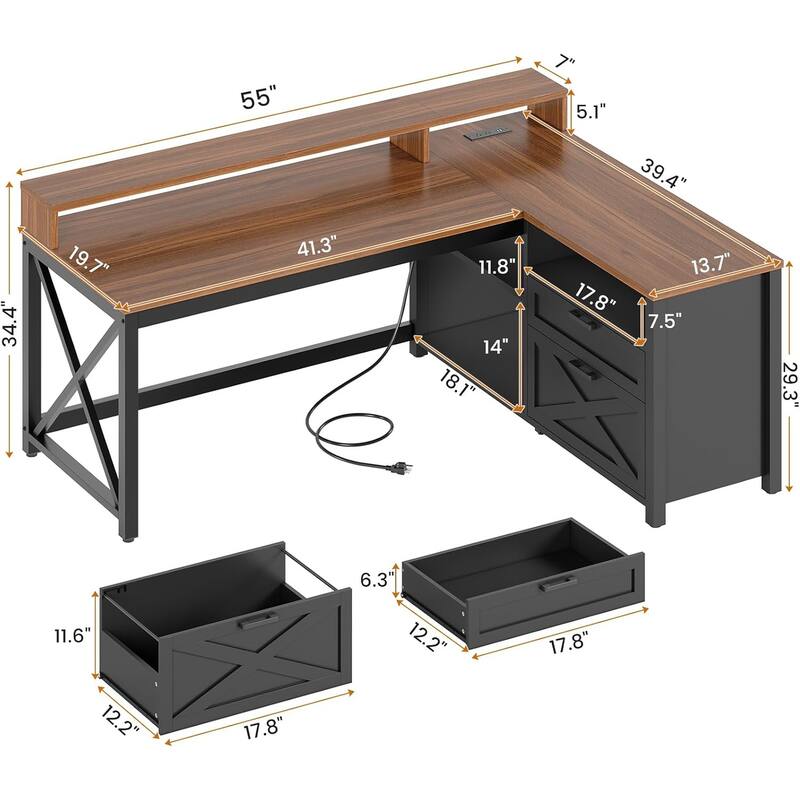 L Shaped Desk 55" Home Office Desk Drawers Storage Shelves