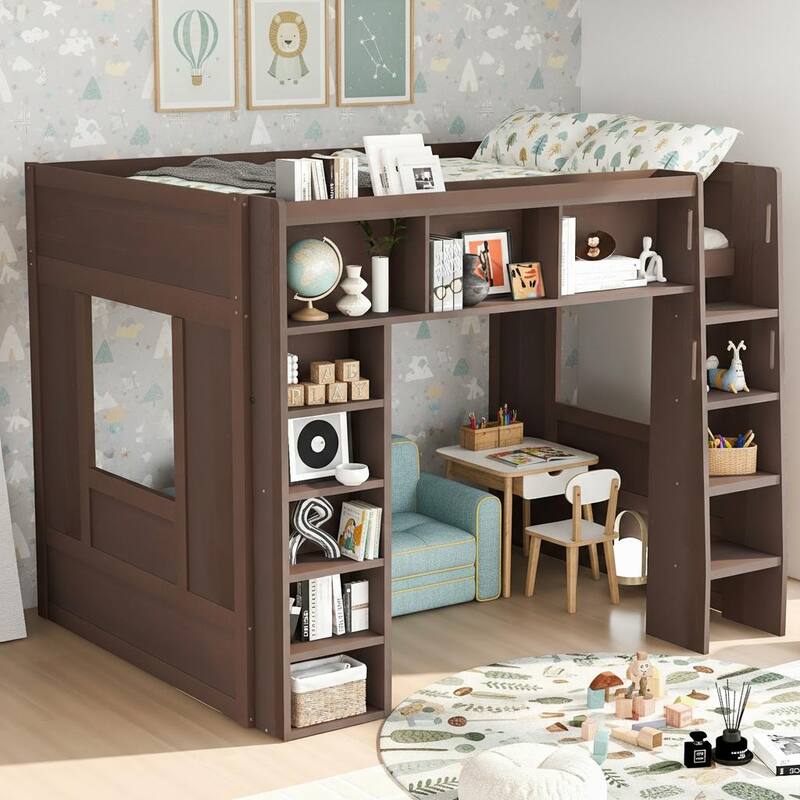 Queen Size Wooden Loft Bed with Storage Cabinets and Shelves by Harper&Bright Designs - Brown
