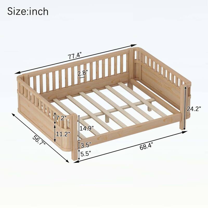 Wood Platform Bed,with Safety Rails and Rounded Corners
