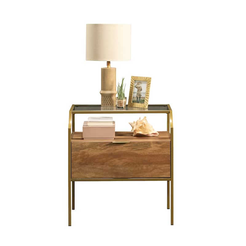 Engineered Wood Contemporary Night Stand with Upper Glass Shelf, Brown