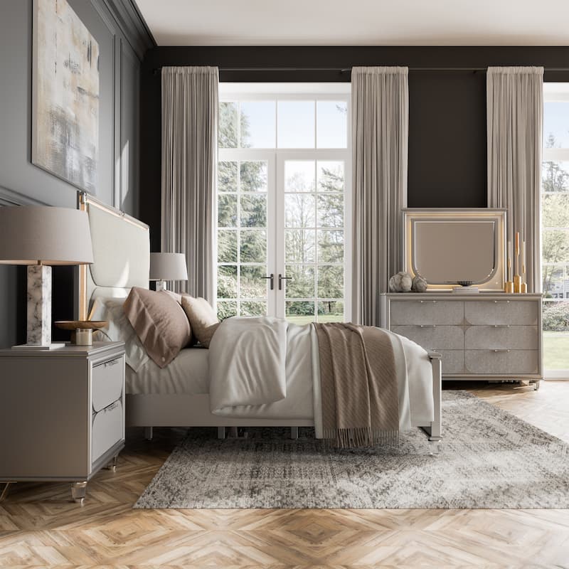 Furniture of America Angrove Modern 5-Piece Silver Queen Panel Bedroom Set with LED Lighting and Padded Headboard - Silver