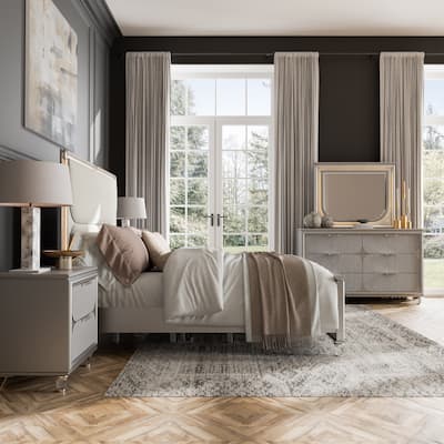 Furniture of America Angrove Modern 5-Piece Silver Queen Panel Bedroom Set with LED Lighting and Padded Headboard