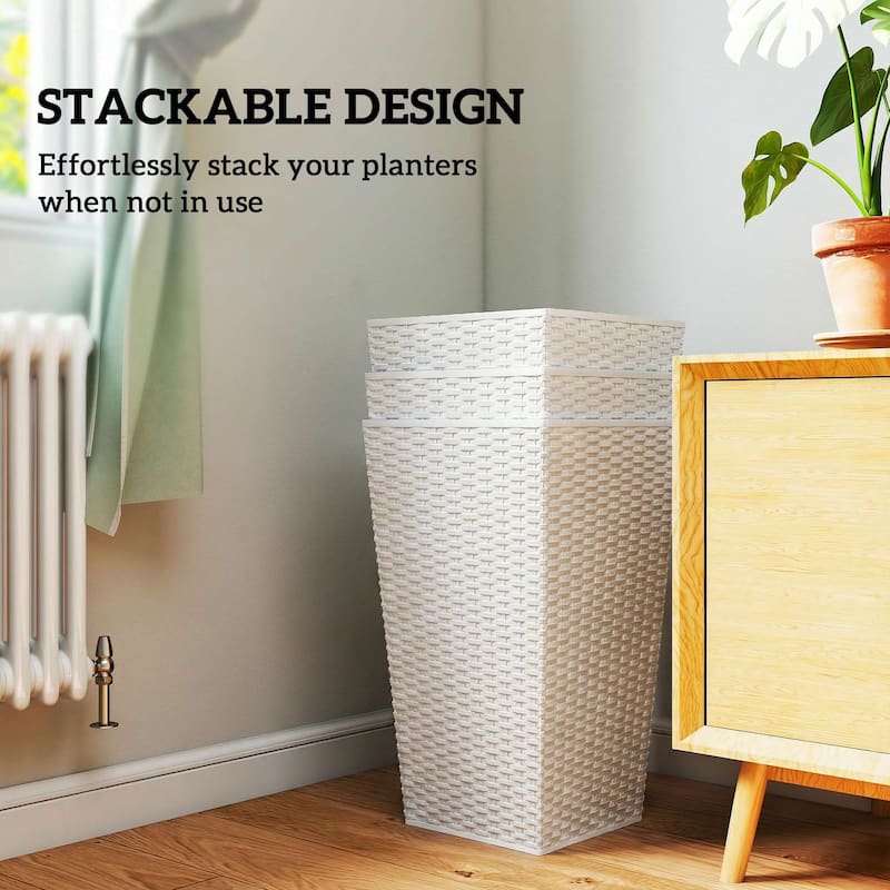 Outsunny Tall Planters for Outdoor Plants Set of 3, 24 In Taper Planters with Drainage Holes, Rattan Decor Plant Pots