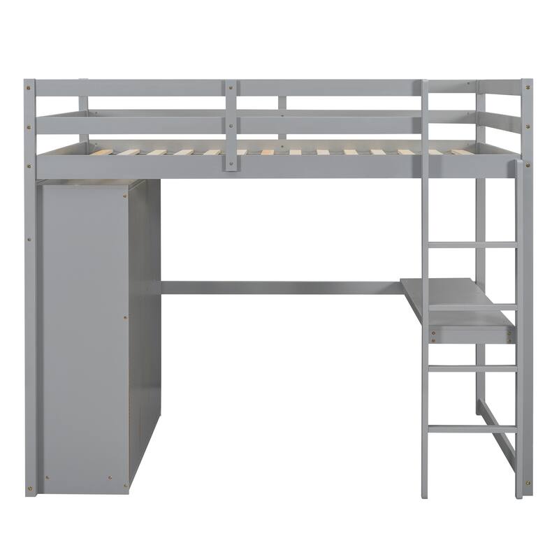Full Size Solid Wood Loft Bed with Built-in Wardrobe, Desk, Storage Shelves and Drawers