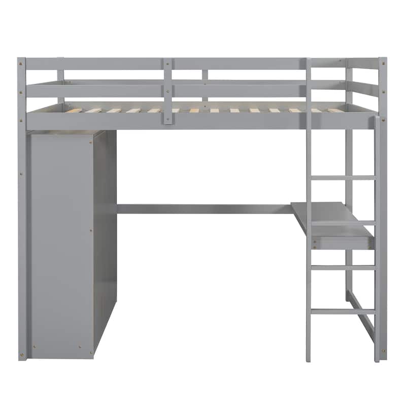 Gray Full Size Solid Wood Loft Bed with Built-in Wardrobe, Desk, Storage Shelves and Drawers