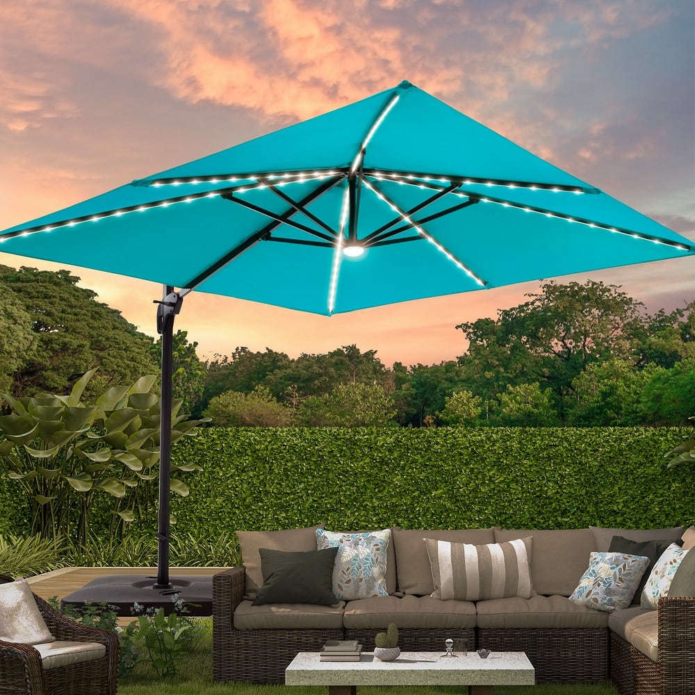 LIVOOSUN Patio10x10FT LED Aluminum Cantilever Umbrella Solution-Dyed Fabric w/Base