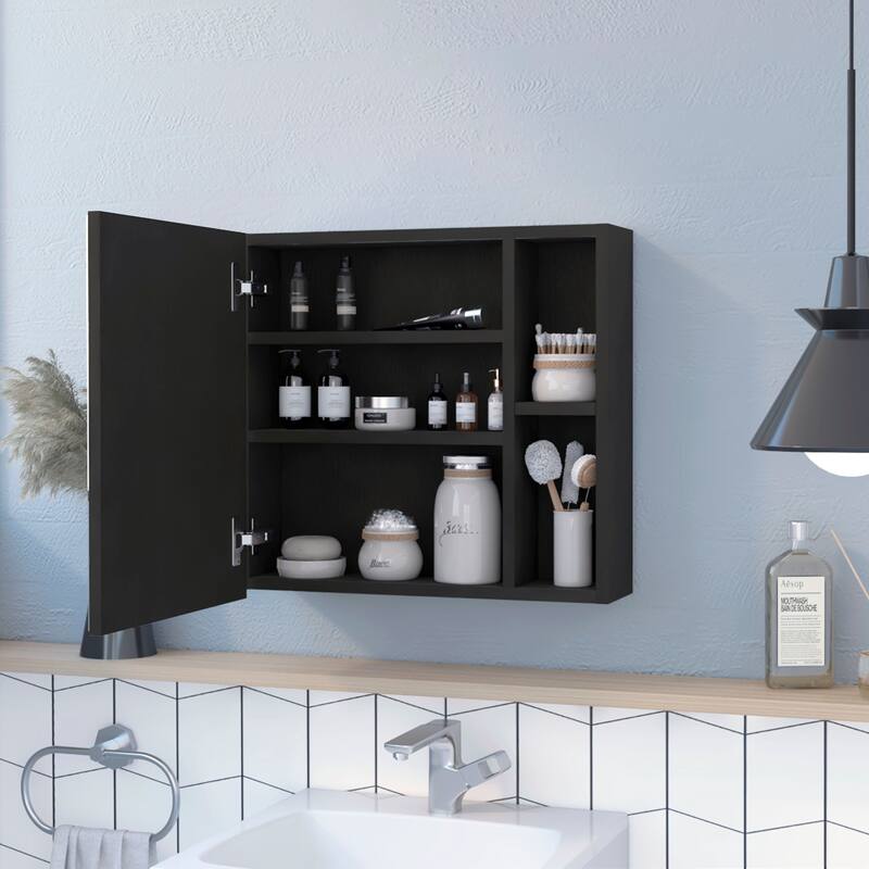 Medicine Cabinet with Mirror, Three Interior Shelves, Single Door, Two External Shelves - White Finish