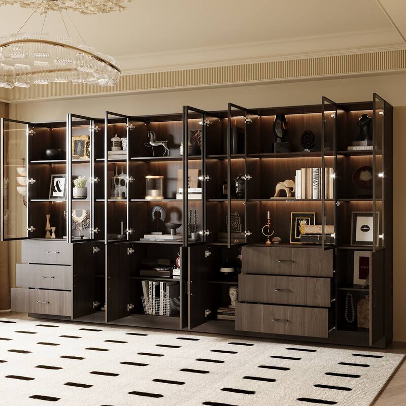Bookshelves Bookcase Modular Glass Display Cabinet with LED Lights, Dark Wood Storage Combination Cabinet System