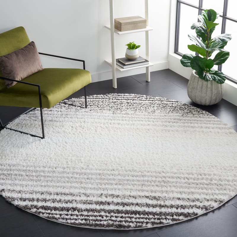 SAFAVIEH Berber Shag Idajete Stripe 1.25-inch Thick Rug - 7' x 7' Round - Ivory/Grey