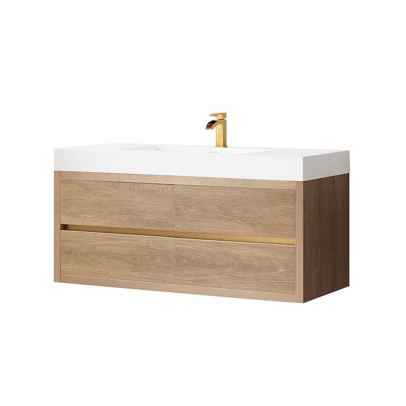 Palencia Single Floating Vanity with White Sink Top without Mirror - 48in. - 48in. - North American Oak