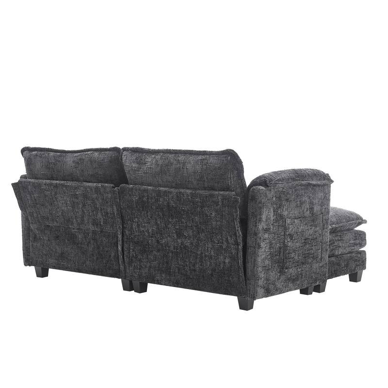 Chenille Sleeper Sofa Bed Deep Seat Loveseat Sectional Couch with Ottomans Chaise Lounge, Detachable Armrests and Side Pockets