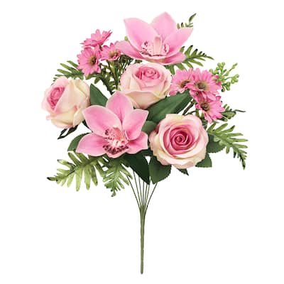 Set of 2 Pink Artificial Mixed Rose Cymbidium Orchid Daisy Flower Stem Bush Bouquet 16in - 16" L x 9" W x 9" DP